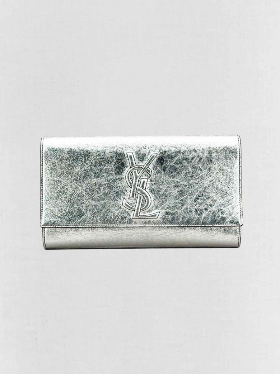 Pre - loved YVES SAINT LAURENT Belle De Jour Metallic Silver Clutch at Reems Closet