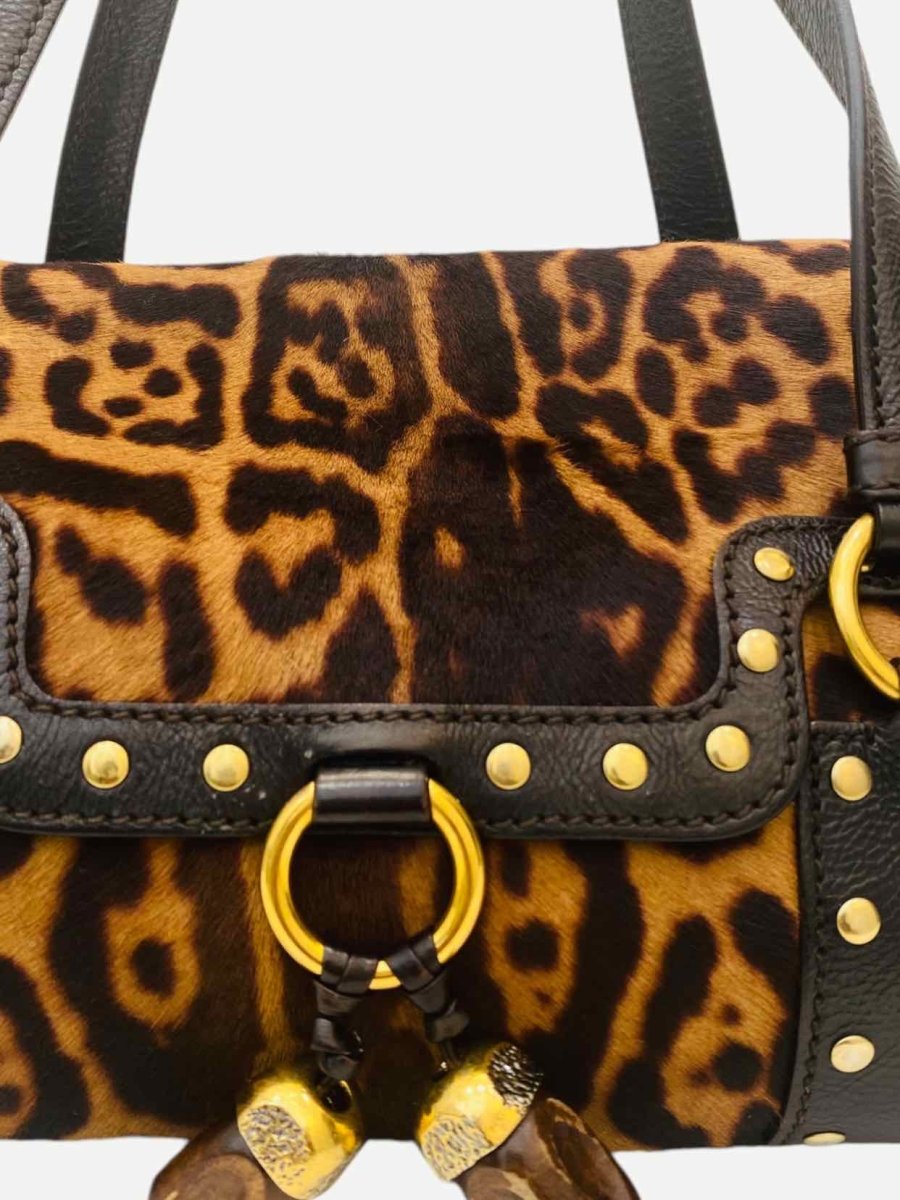 Pre - loved YVES SAINT LAURENT Brown & Beige Leopard Print Satchel at Reems Closet