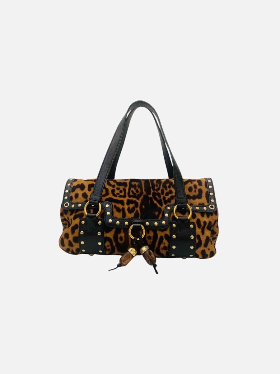 Pre - loved YVES SAINT LAURENT Brown & Beige Leopard Print Satchel at Reems Closet