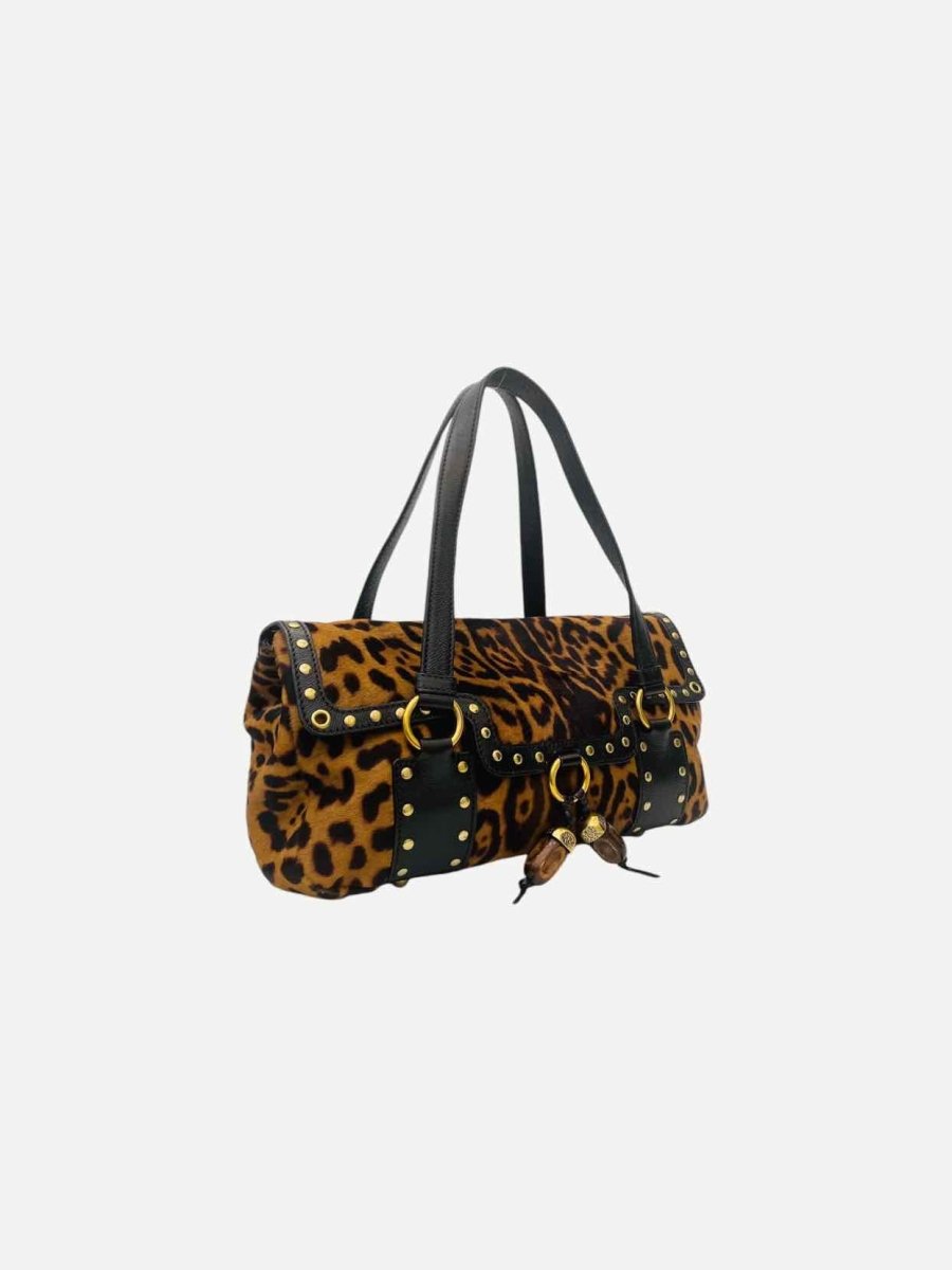 Pre - loved YVES SAINT LAURENT Brown & Beige Leopard Print Satchel at Reems Closet