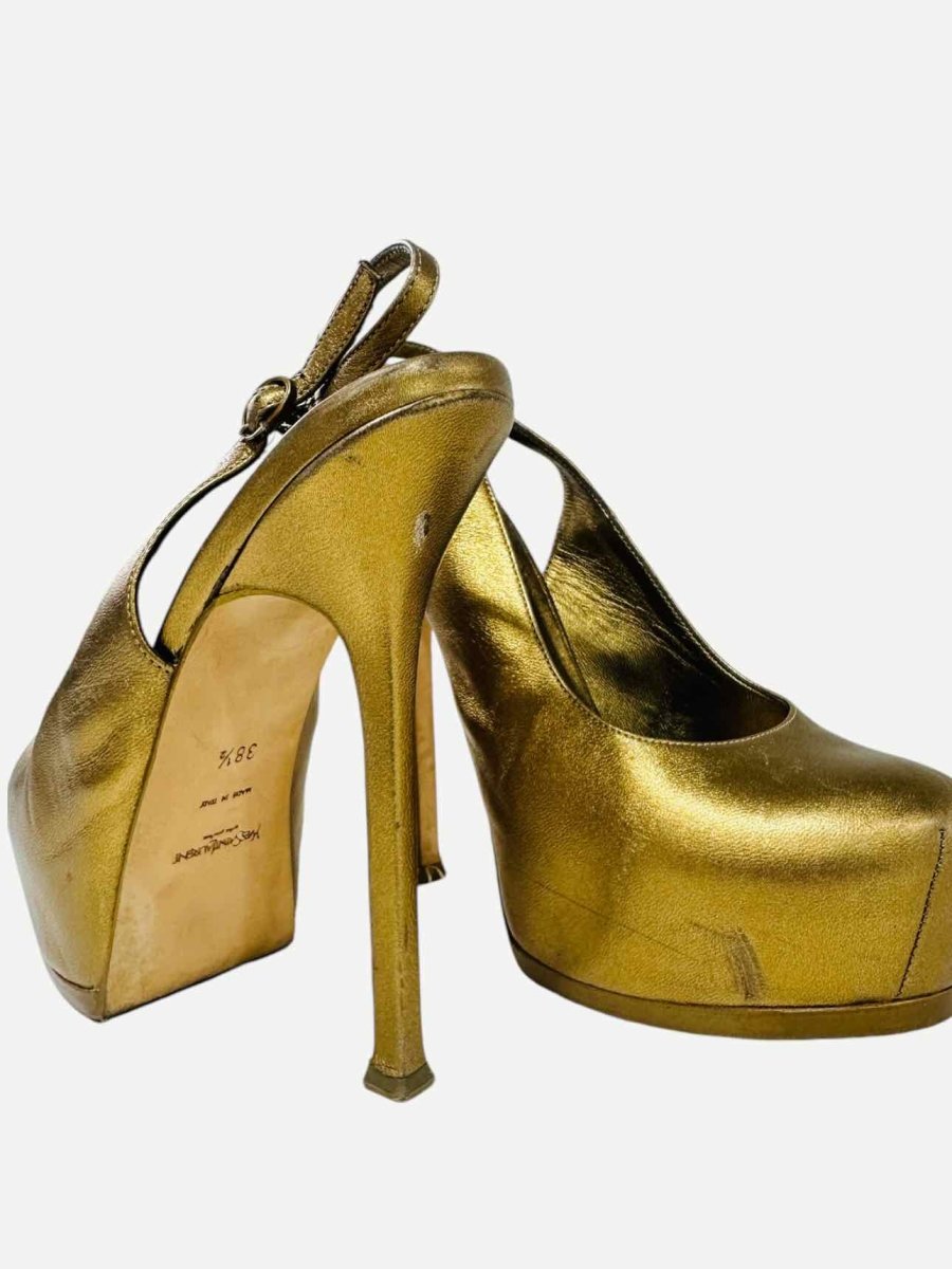 Pre - loved YVES SAINT LAURENT Tribtoo Metallic Gold Slingbacks at Reems Closet