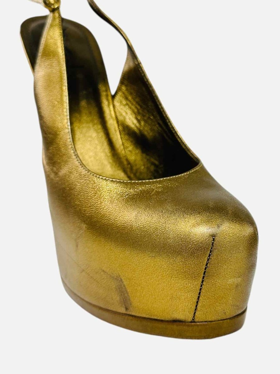 Pre - loved YVES SAINT LAURENT Tribtoo Metallic Gold Slingbacks at Reems Closet