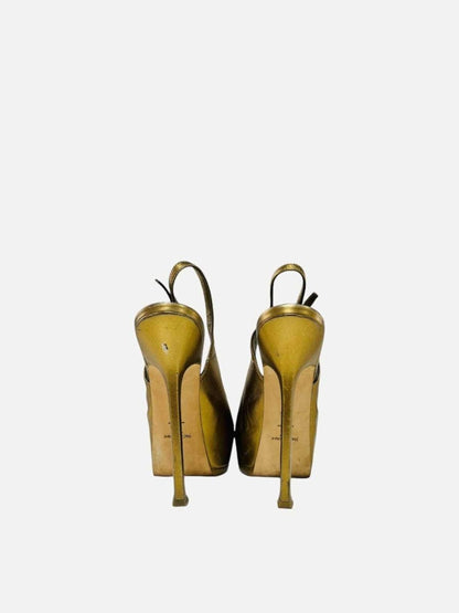 Pre - loved YVES SAINT LAURENT Tribtoo Metallic Gold Slingbacks at Reems Closet