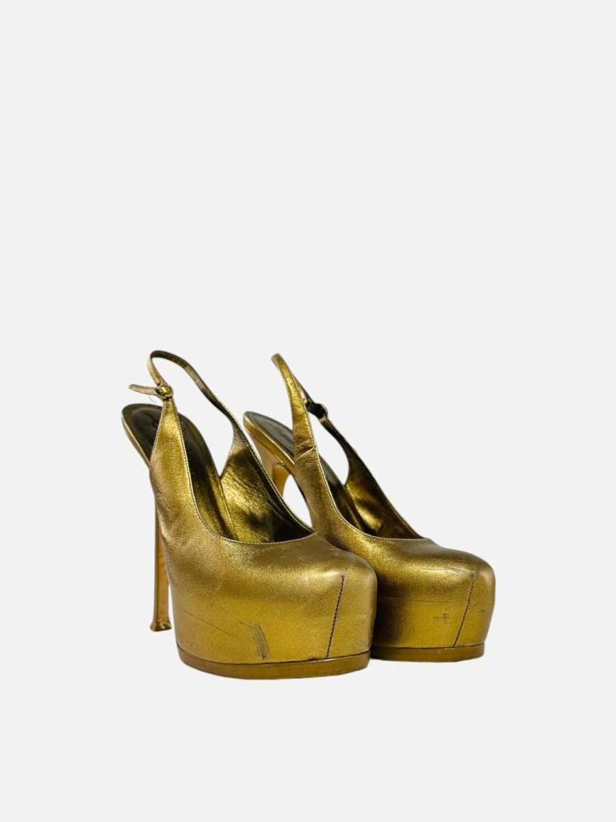 Pre - loved YVES SAINT LAURENT Tribtoo Metallic Gold Slingbacks at Reems Closet