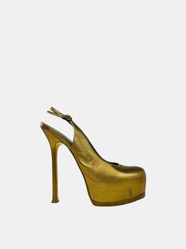 Pre - loved YVES SAINT LAURENT Tribtoo Metallic Gold Slingbacks at Reems Closet