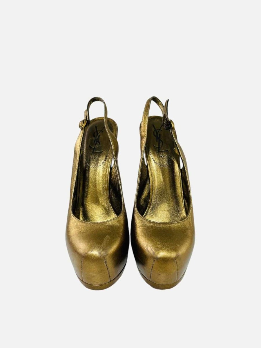 Pre - loved YVES SAINT LAURENT Tribtoo Metallic Gold Slingbacks at Reems Closet