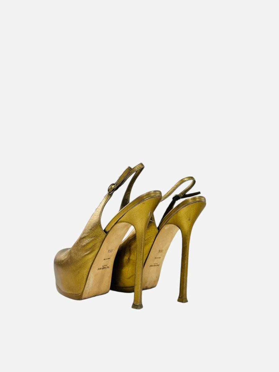 Pre - loved YVES SAINT LAURENT Tribtoo Metallic Gold Slingbacks at Reems Closet