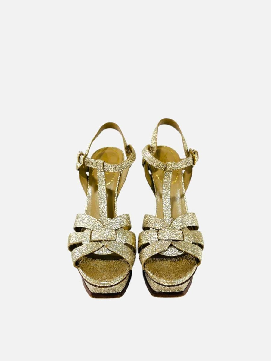 Pre - loved YVES SAINT LAURENT Tribute Gold Heeled Sandals at Reems Closet