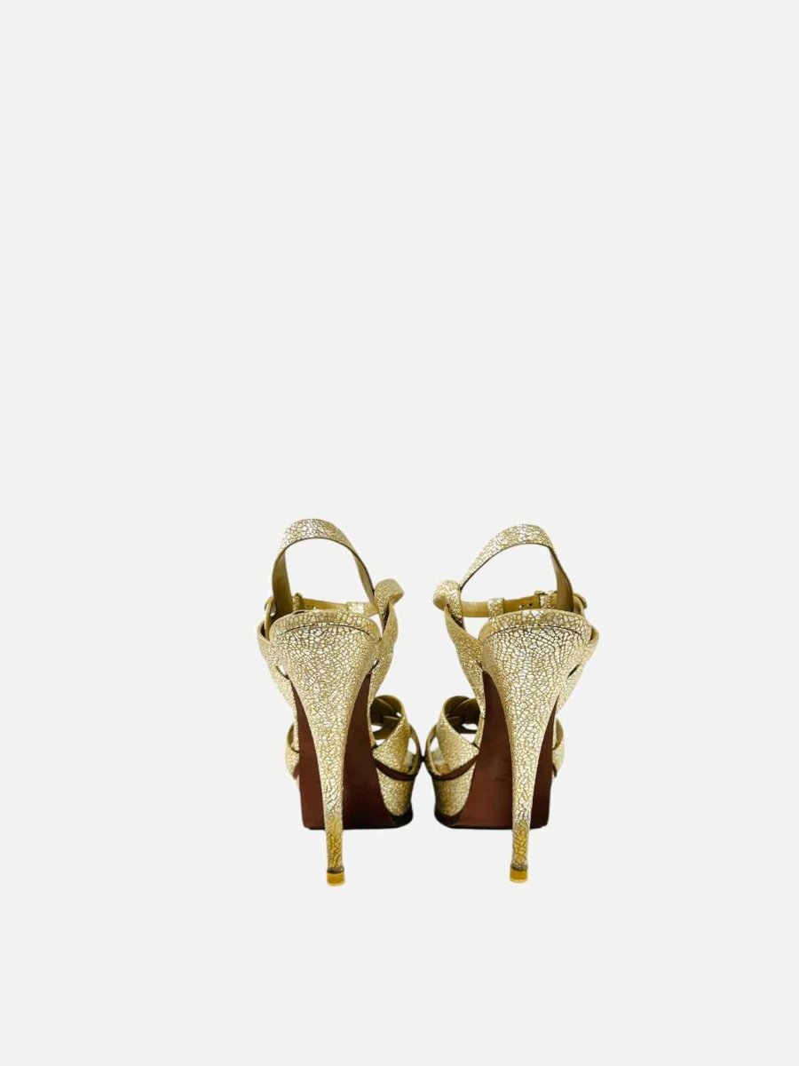 Pre - loved YVES SAINT LAURENT Tribute Gold Heeled Sandals at Reems Closet