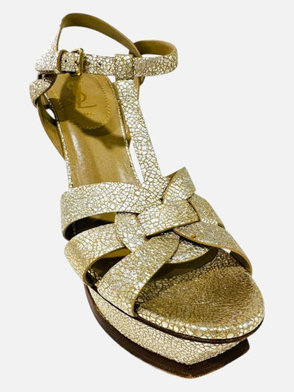 Pre - loved YVES SAINT LAURENT Tribute Gold Heeled Sandals at Reems Closet