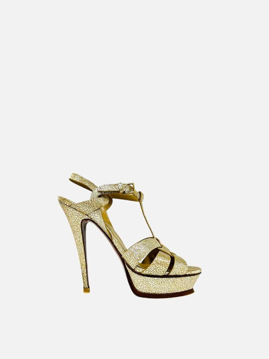 Pre - loved YVES SAINT LAURENT Tribute Gold Heeled Sandals at Reems Closet