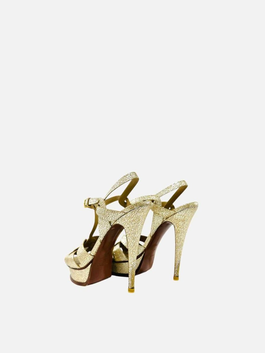 Pre - loved YVES SAINT LAURENT Tribute Gold Heeled Sandals at Reems Closet