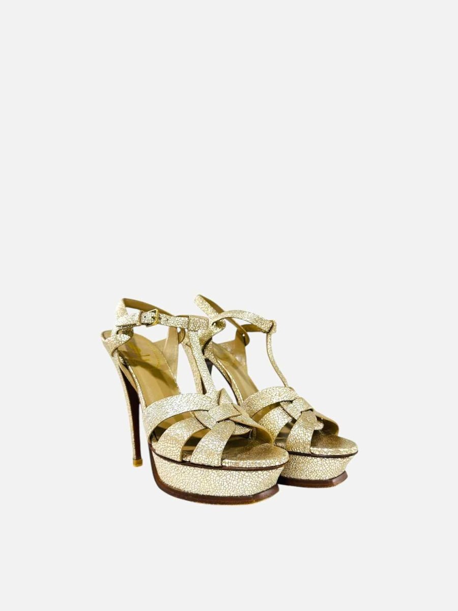 Pre - loved YVES SAINT LAURENT Tribute Gold Heeled Sandals at Reems Closet