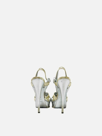 Pre - loved YVES SAINT LAURENT Tribute Silver & Gold Heeled Sandals at Reems Closet