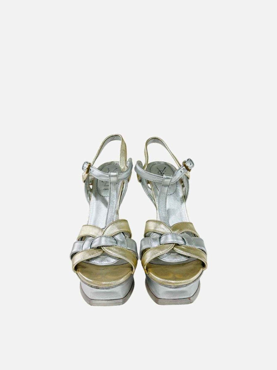 Pre - loved YVES SAINT LAURENT Tribute Silver & Gold Heeled Sandals at Reems Closet