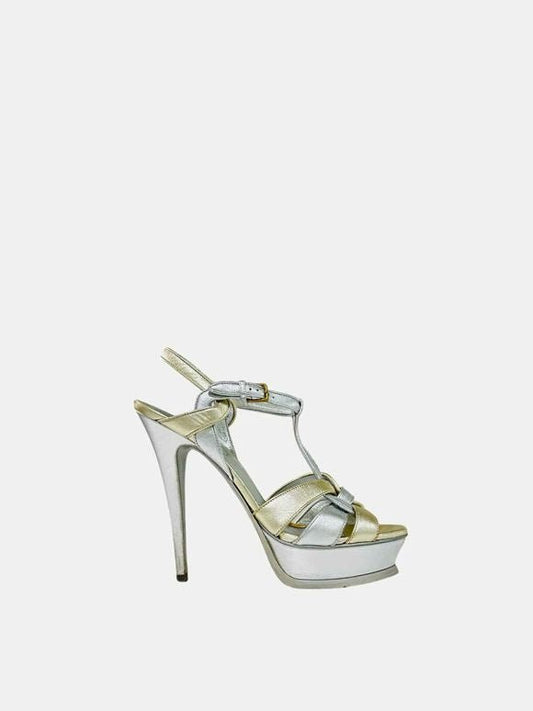 Pre - loved YVES SAINT LAURENT Tribute Silver & Gold Heeled Sandals at Reems Closet