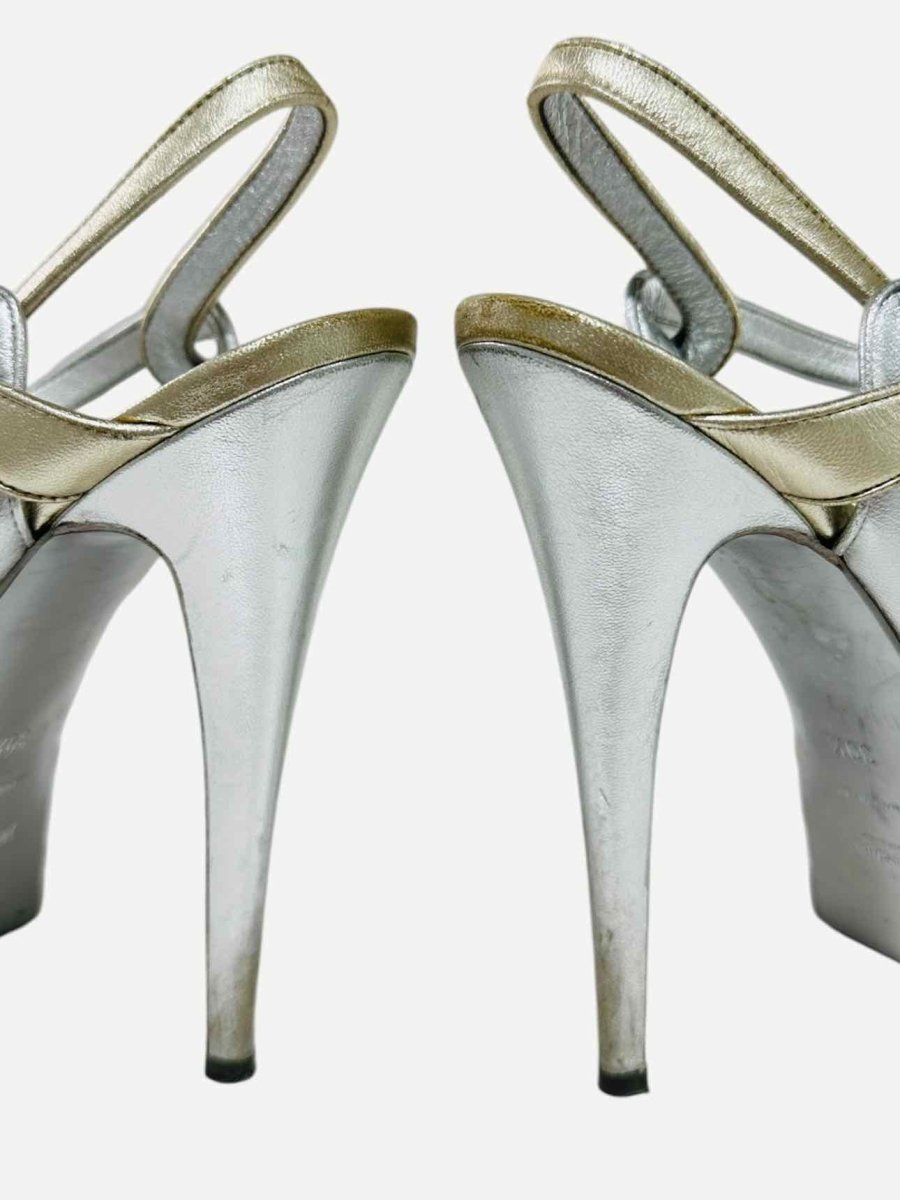 Pre - loved YVES SAINT LAURENT Tribute Silver & Gold Heeled Sandals at Reems Closet