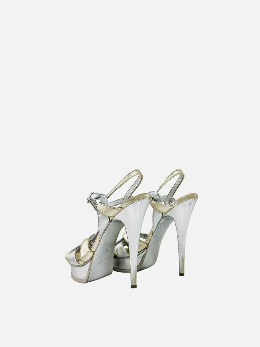 Pre - loved YVES SAINT LAURENT Tribute Silver & Gold Heeled Sandals at Reems Closet