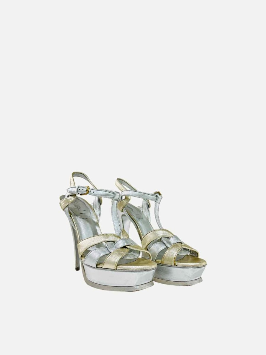 Pre - loved YVES SAINT LAURENT Tribute Silver & Gold Heeled Sandals at Reems Closet