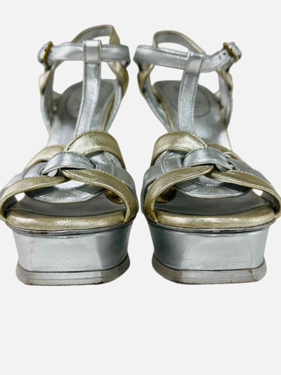 Pre - loved YVES SAINT LAURENT Tribute Silver & Gold Heeled Sandals at Reems Closet