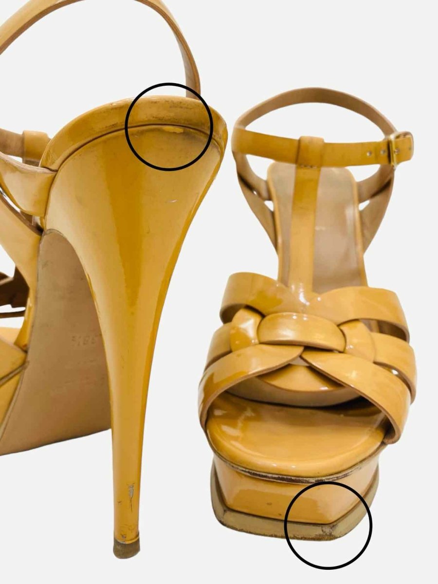 Pre - loved YVES SAINT LAURENT Tribute Tan Heeled Sandals 38.5 at Reems Closet