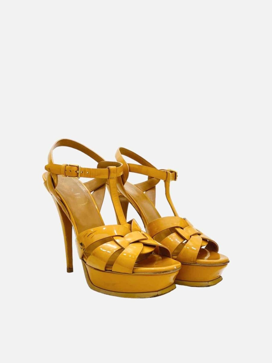 Pre - loved YVES SAINT LAURENT Tribute Tan Heeled Sandals 38.5 at Reems Closet