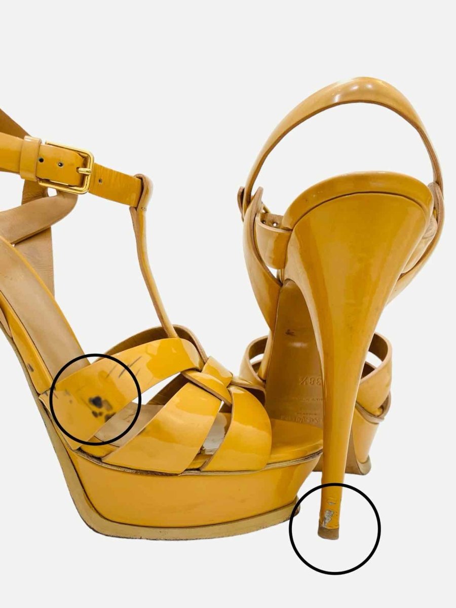 Pre - loved YVES SAINT LAURENT Tribute Tan Heeled Sandals 38.5 at Reems Closet