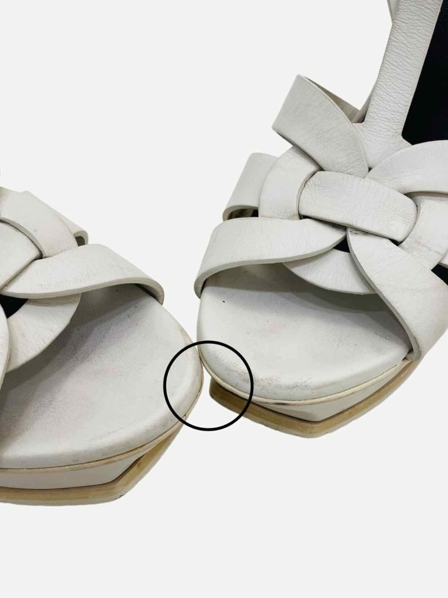 Pre - loved YVES SAINT LAURENT Tribute White Heeled Sandals 38.5 at Reems Closet