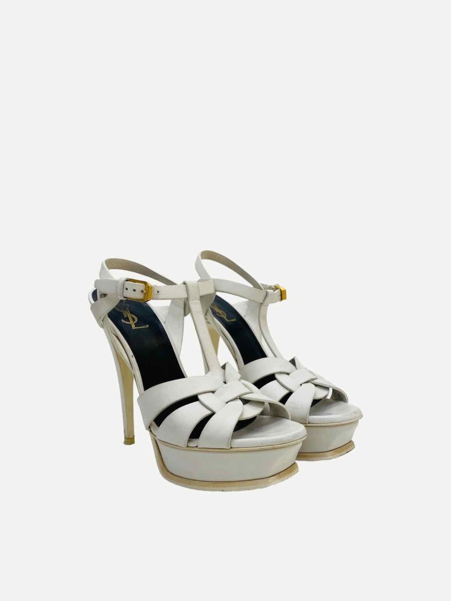 Pre - loved YVES SAINT LAURENT Tribute White Heeled Sandals 38.5 at Reems Closet