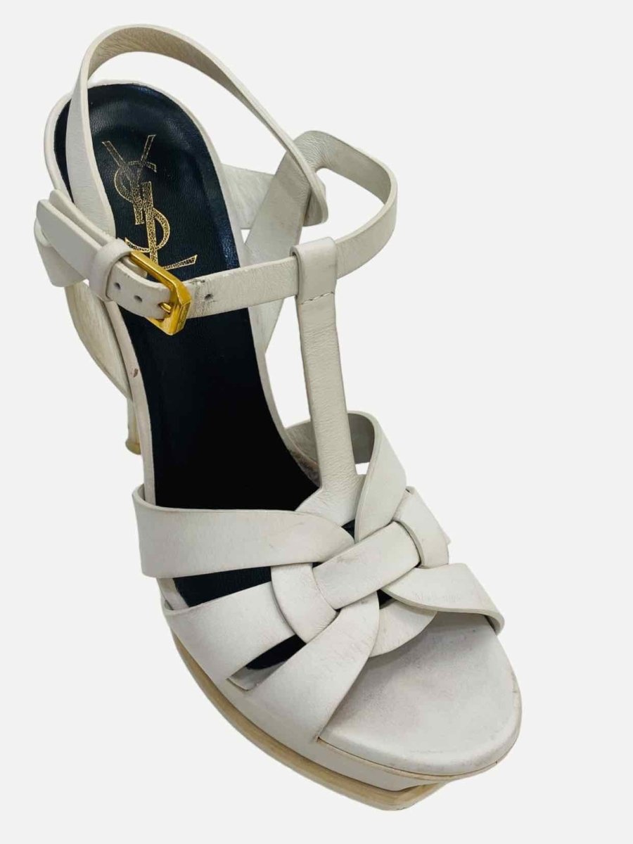 Pre - loved YVES SAINT LAURENT Tribute White Heeled Sandals 38.5 at Reems Closet