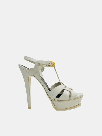 Pre - loved YVES SAINT LAURENT Tribute White Heeled Sandals 38.5 at Reems Closet