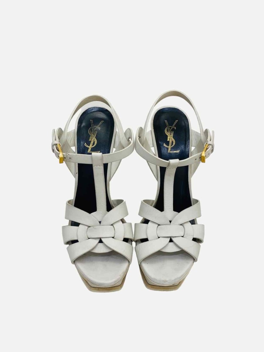 Pre - loved YVES SAINT LAURENT Tribute White Heeled Sandals 38.5 at Reems Closet