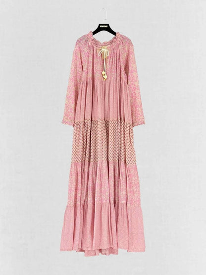 Pre - loved YVONNE S Biege & Pink Printed Size Small Long Dress at Reems Closet
