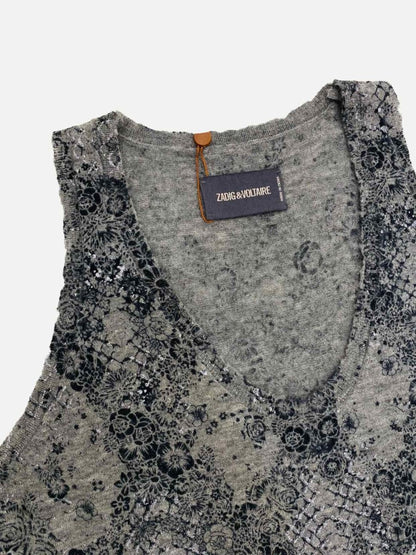 Pre - loved ZADIG & VOLTAIRE Sleeveless Grey Printed Size Large Top at Reems Closet