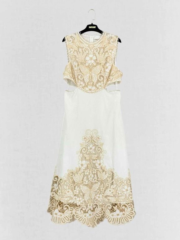 Pre - loved ZIMMERMANN Jeannie White & Gold Size US 12 Midi Dress at Reems Closet