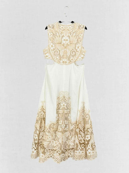 Pre - loved ZIMMERMANN Jeannie White & Gold Size US 12 Midi Dress at Reems Closet
