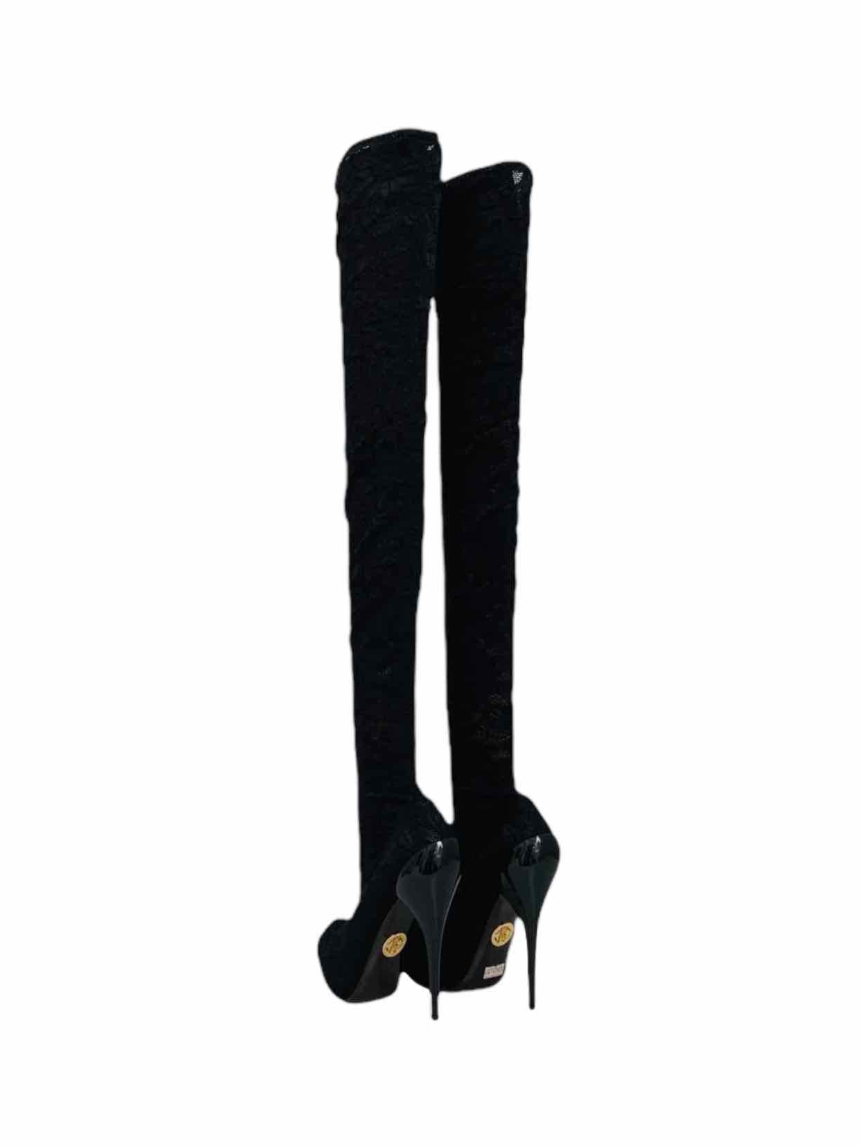 Pre - loved ROBERTO CAVALLI Black Lace Thigh High Boots at Reems Closet