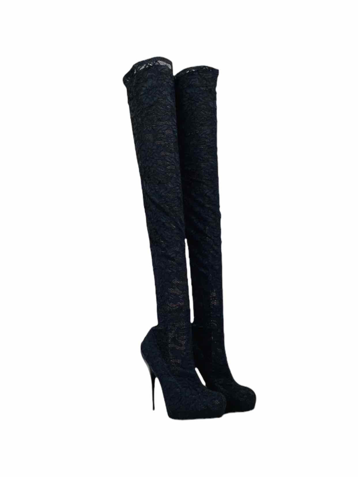 Pre - loved ROBERTO CAVALLI Black Lace Thigh High Boots at Reems Closet