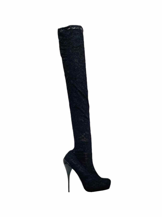 Pre - loved ROBERTO CAVALLI Black Lace Thigh High Boots at Reems Closet