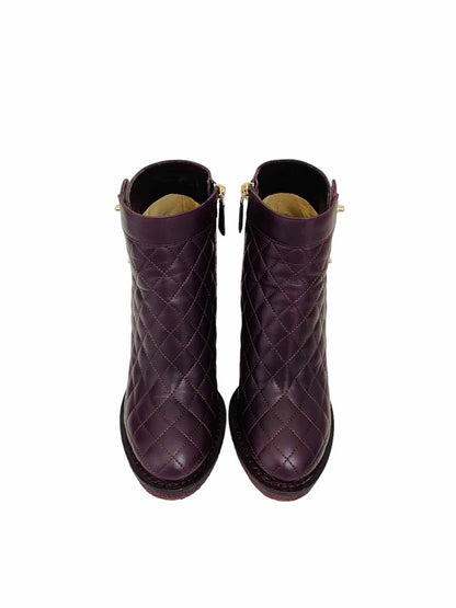 CHANEL Interlocking CC Logo Burgundy Ankle Boots