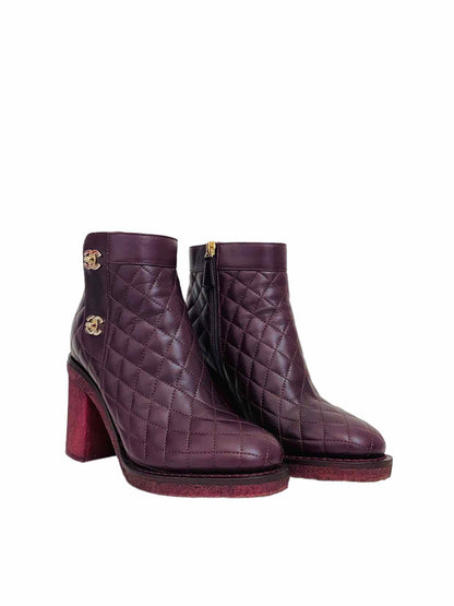 Pre - loved CHANEL Interlocking CC Logo Burgundy Ankle Boots at Reems Closet