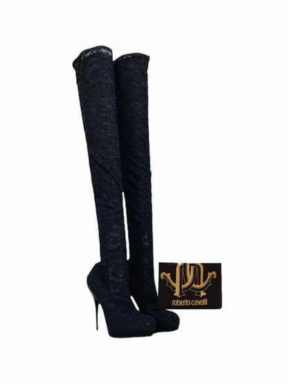 Pre - loved ROBERTO CAVALLI Black Lace Thigh High Boots at Reems Closet