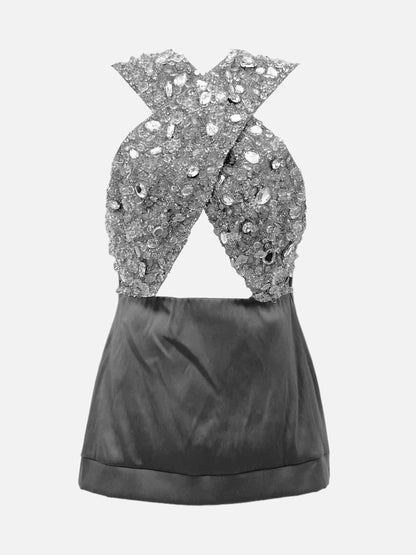 Pre - loved PRADA Sleeveless Grey Crystal Embellished Mini Dress at Reems Closet