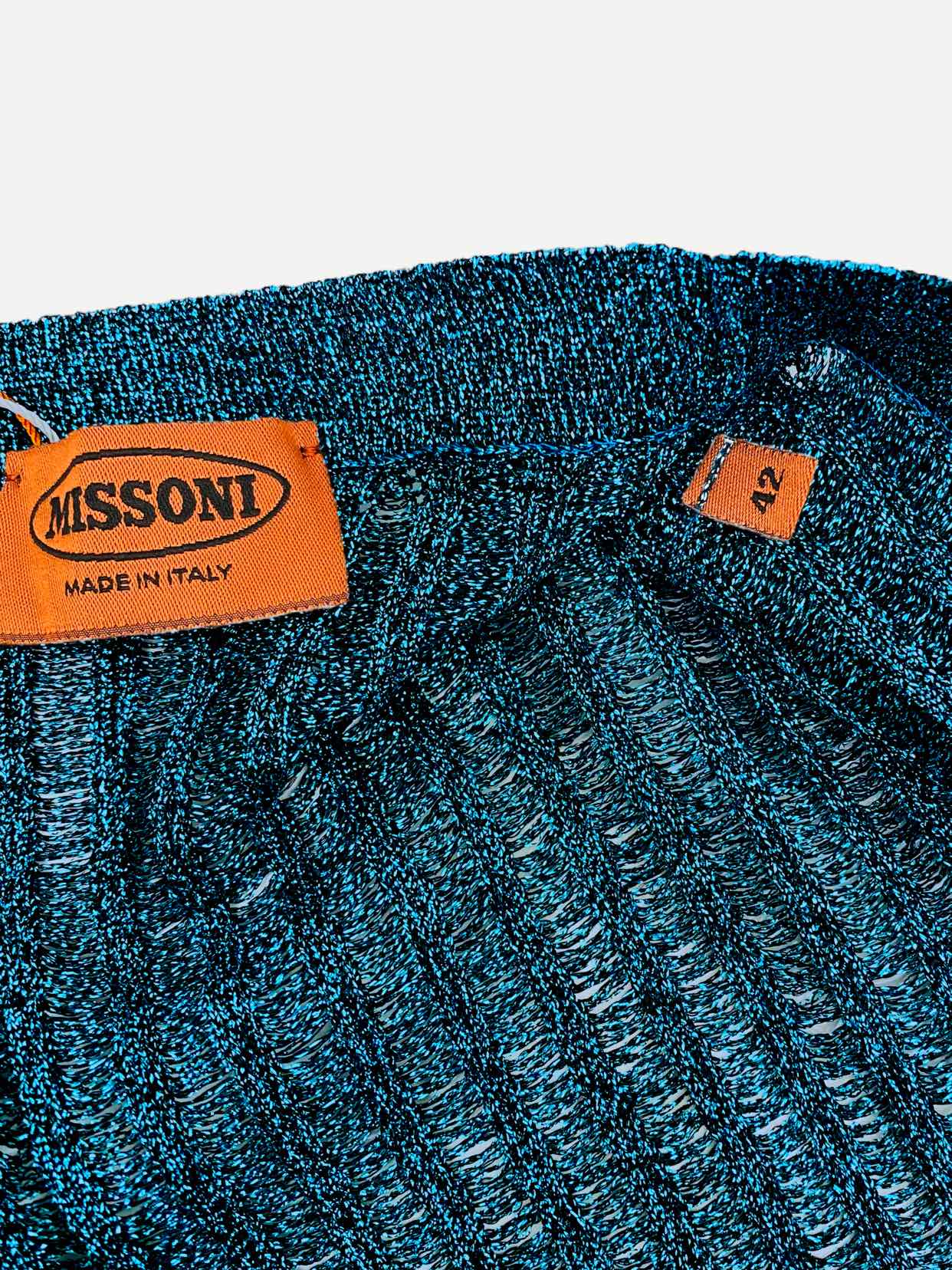 Pre - loved MISSONI Metallic Blue Ribbed Long Cardigan at Reems Closet