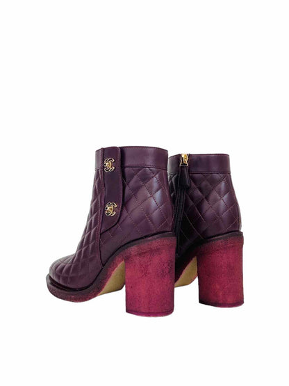 Pre - loved CHANEL Interlocking CC Logo Burgundy Ankle Boots at Reems Closet