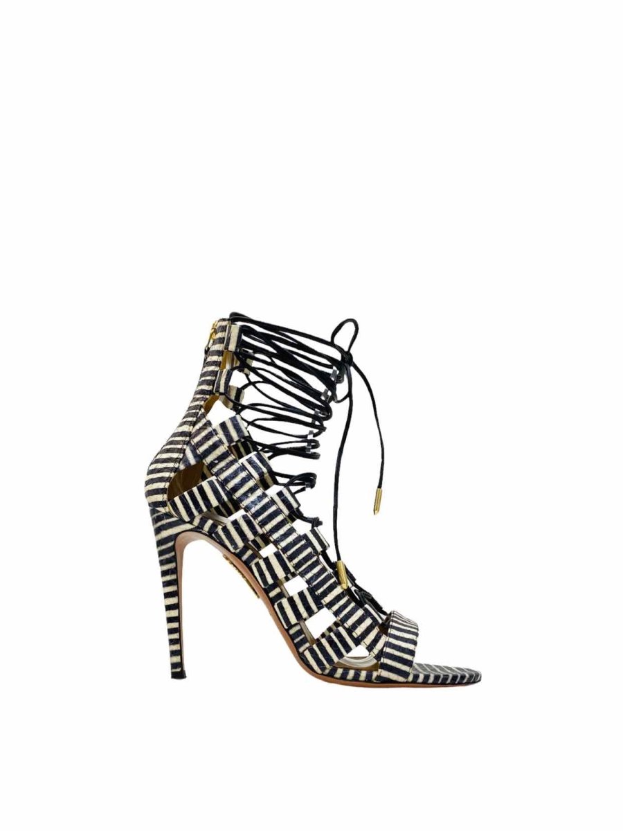 Pre-loved AQUAZZURA Lace Up Black & White Striped Heeled Sandals from Reems Closet