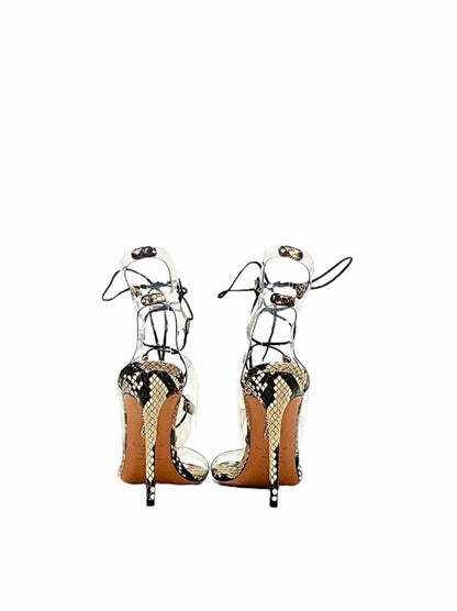 Pre-loved AQUAZZURA Milos Beige & Brown Lace Up Heeled Sandals from Reems Closet