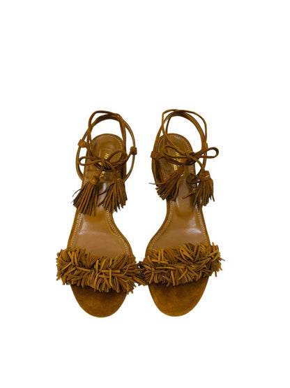 Pre-loved AQUAZZURA Wild Thing Brown Fringed Heeled Sandals from Reems Closet