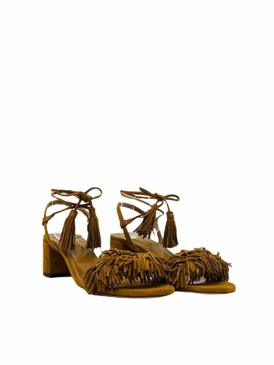 Pre-loved AQUAZZURA Wild Thing Brown Fringed Heeled Sandals from Reems Closet