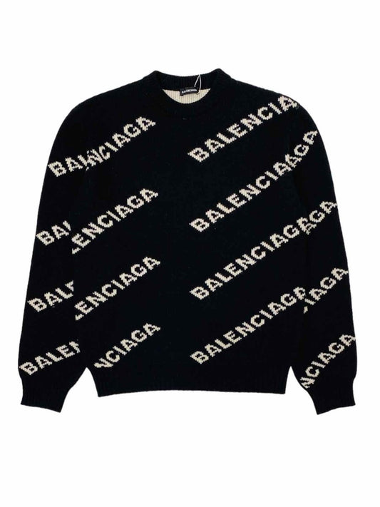 Pre-loved BALENCIAGA Black & White All Over Logo Jumper from Reems Closet